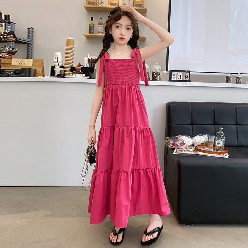 ワンピース 女の子 子供服 ティアードドレス キャミソール ロング丈 肩リボン スモッキング Aライン 春夏 涼しい リゾート おしゃれ カジュアル 発表会 通園 通学 旅行 お出かけ コットン風 ふ