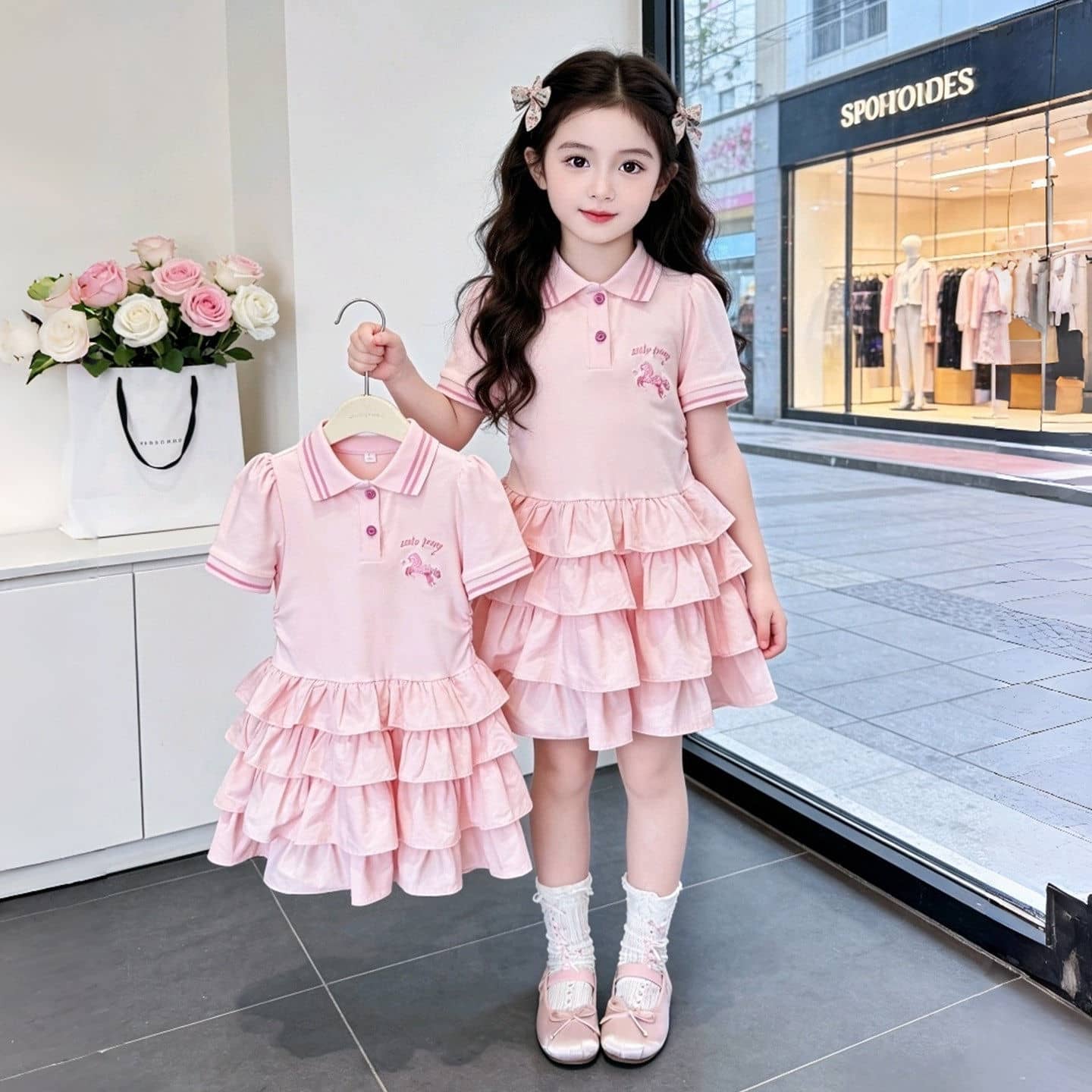 ガールズ ワンピース 半袖 ポロワンピース ティアード フリル 子供服 襟付き キッズ スクール風 通学 通園 お出かけ カジュアル かわいい 動きやすい 春 夏 ジュニア