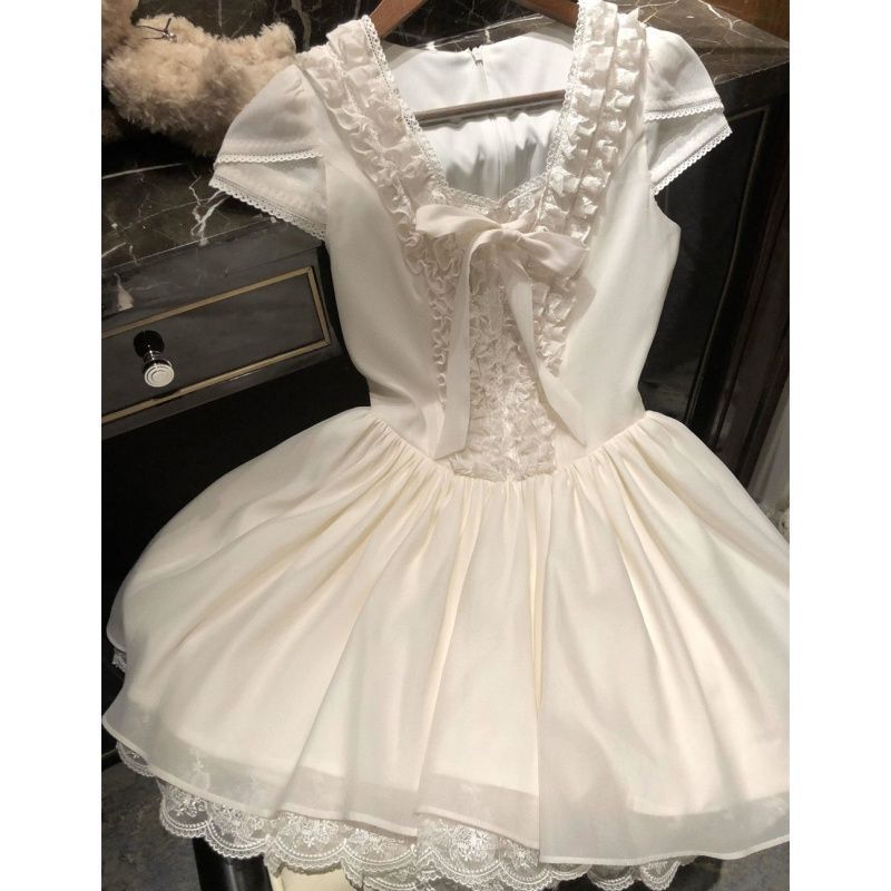 キッズ ワンピース 女の子 発表会 結婚式 子供服 プリンセス レース フリル リボン 森ガール フレンチスタイル パフスリーブ フォーマル ガーリー 夏物 Aライン ふわふわ ひらひら 可憐 膝丈