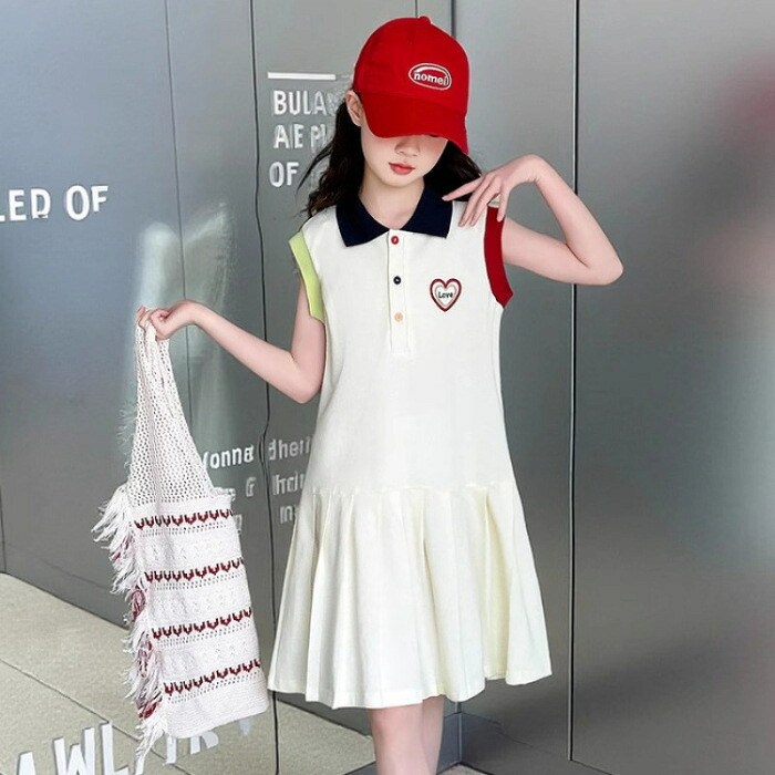 ワンピース 女の子 ポロシャツワンピース キッズ 襟付き ノースリーブ プリーツ 切り替え 刺繍 ハート 子供服 夏用 ジュニア 普段着 通学 通園 スポーティー お出かけ かわいい 涼しい カジュア