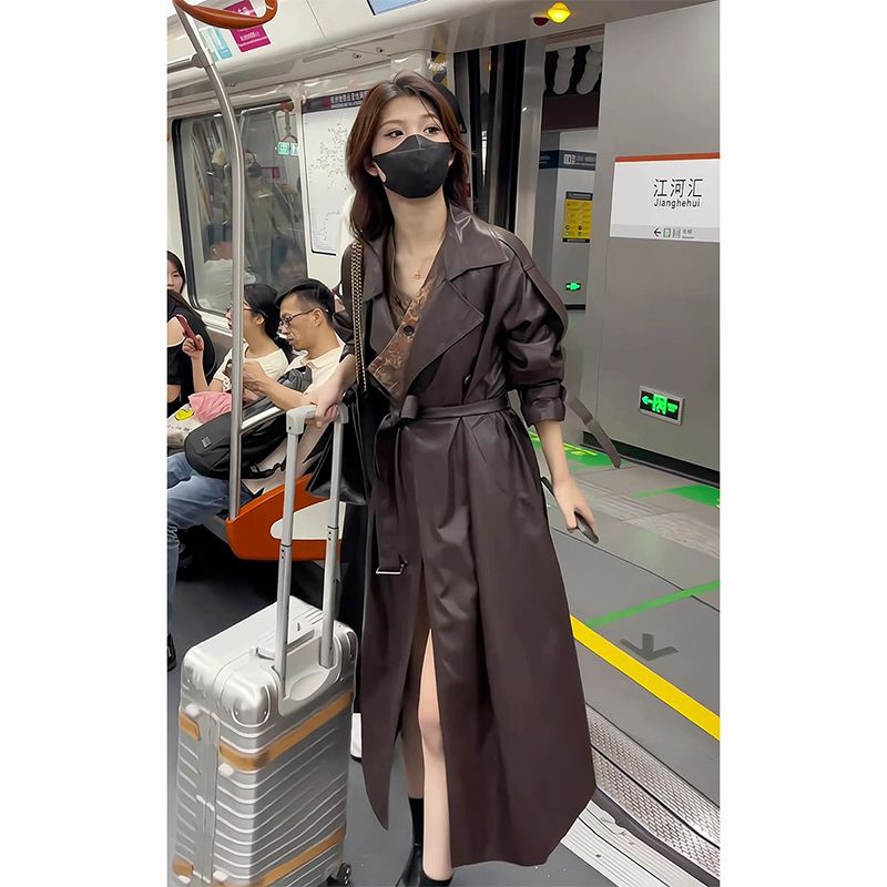 レザー トレンチコート レディース ロング ベルト付 ウエストマーク オーバーサイズ 着痩せ 秋服 冬服 春服 ファッション フェイクレザー アウター カジュアル 上品 通勤 通学 きれいめ ロングコ