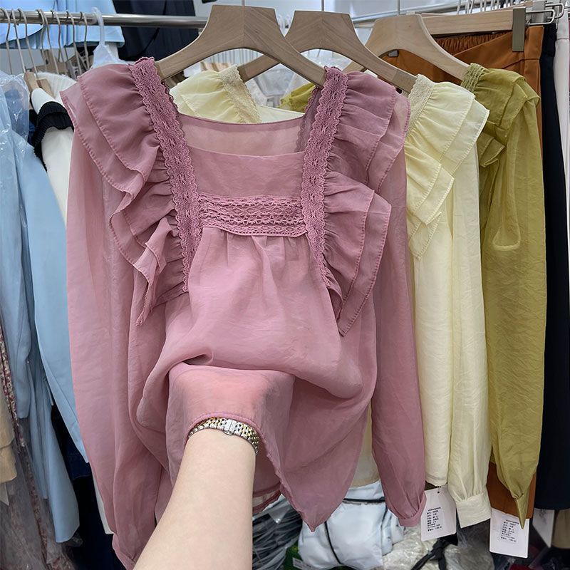 ブラウス 長袖 レディース スクエアネック フリル レース シフォン トップス シャツ ワッシャー加工 大人可愛い レトロ 透け感 ゆったり エレガント カジュアル オフィス 通勤 春 秋 春服 清楚