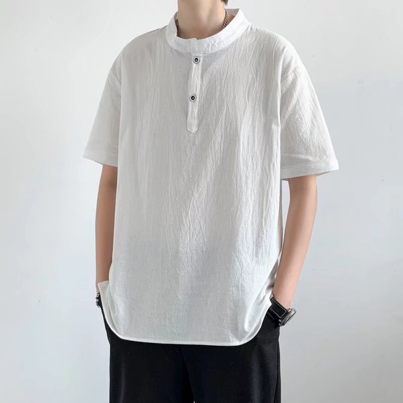 ｔシャツ メンズ 半袖 ヘンリーネック スタンドカラー 綿麻 カットソー カジュアル 無地 ゆったり オーバーサイズ トップス 春 夏 おしゃれ 通気性 涼しい