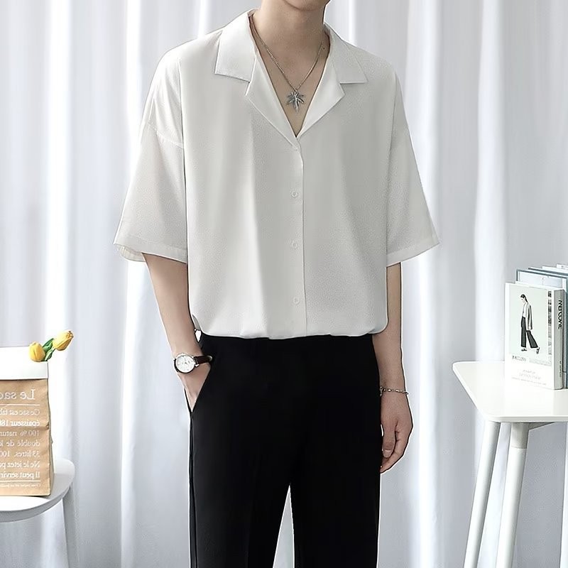 セットアップ メンズ 夏服 半袖 上下セット 開襟シャツ ワイドパンツ とろみ素材 涼しい 接触冷感 部屋着 ファッション ゆったり ビッグシルエット ストリート系 キレイめ 紳士 無地 カジュアル
