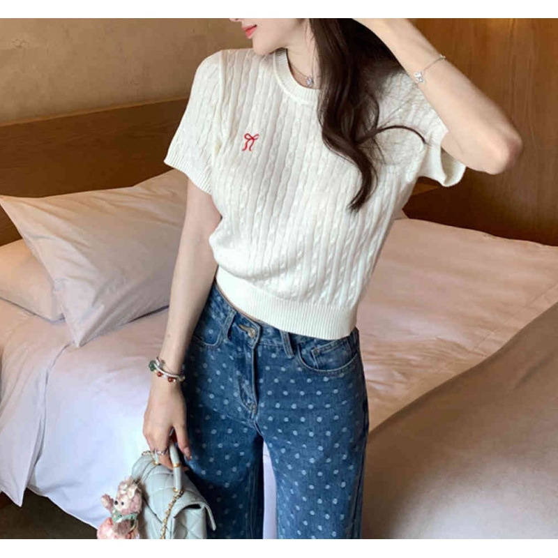 ニット セーター レディース 半袖 ケーブル編み クルーネック トップス リボン 刺繍 ショート丈 丸襟 フレンチガーリー ファッション かわいい おしゃれ きれいめ カジュアル 通勤 通学 春夏秋