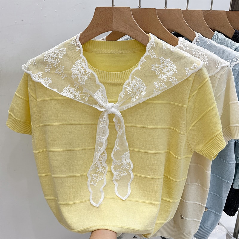 サマーニット レディース 半袖 レース襟 ビッグカラー リボン 刺繍 プルオーバー きれいめ 上品 大人可愛い カジュアル トップス 春 夏