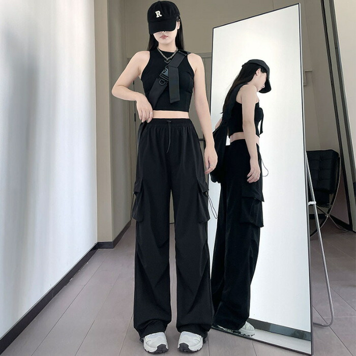 カーゴパンツ レディース ワイドパンツ 速乾 薄手 ゆったり ワークパンツ ストレート ハイウエスト 裾絞り 体型カバー 涼しい カジュアル ブラック