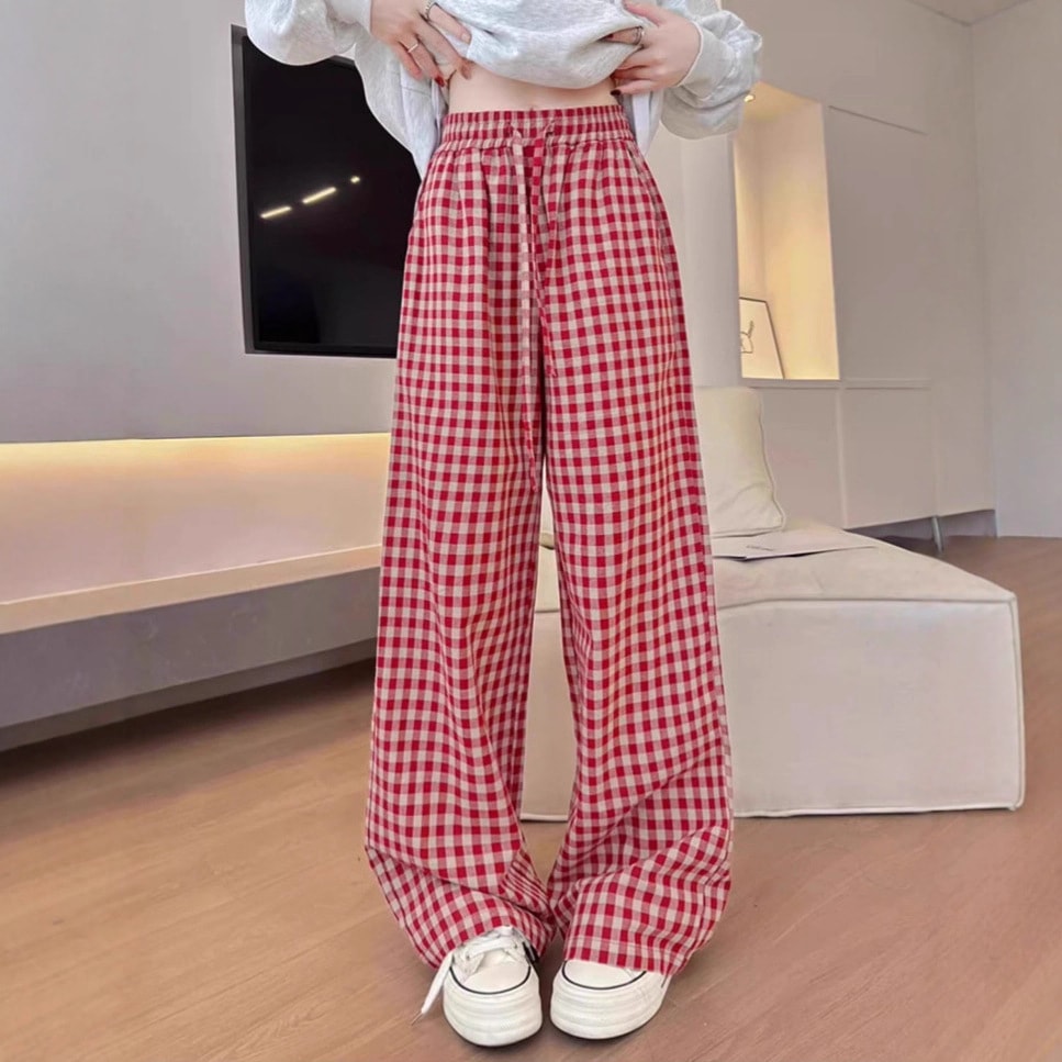 ギンガムチェックパンツ ワイドパンツ レディース 赤 ストレートパンツ ハイウエスト カジュアル ゆるふわ 部屋着 ルームウェア ゆったり 体型カバー 春 夏 秋 イージーパンツ リラックス ボトムス