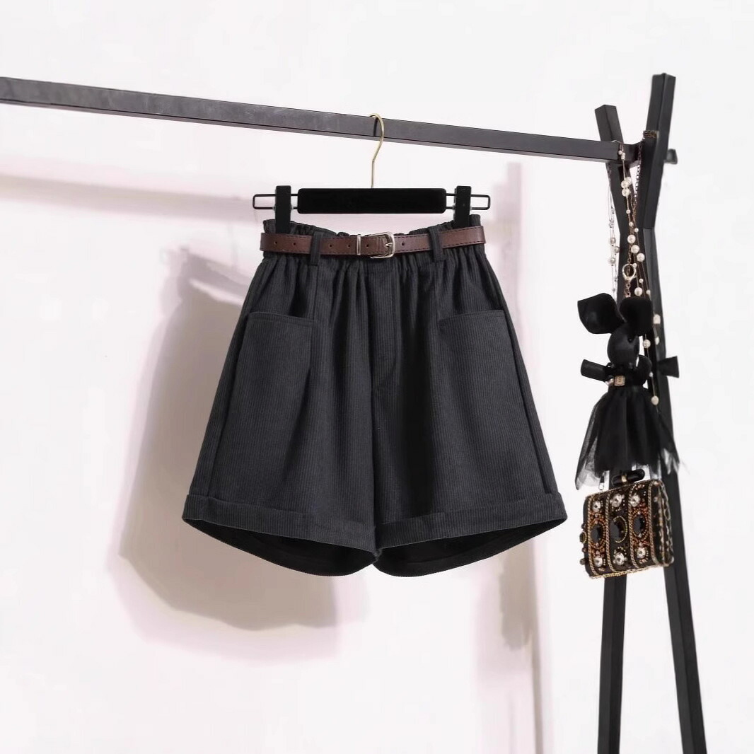 ショートパンツ レディース 秋冬 コーデュロイ ハイウエスト Aライン 短パン 厚手 ベルト付き ワイドパンツ コーヒー ゆったり 着痩せ 暖かい ボトムス カジュアル 通勤 通学 美脚 ショーパン