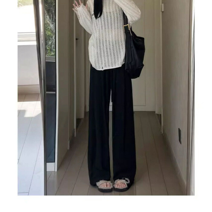 ワイドパンツ レディース 夏 接触冷感 とろみ ルームウェア イージーパンツ 部屋着 リラックス ロング ハイウエスト 脚長 ブラック 通常丈 4,802円