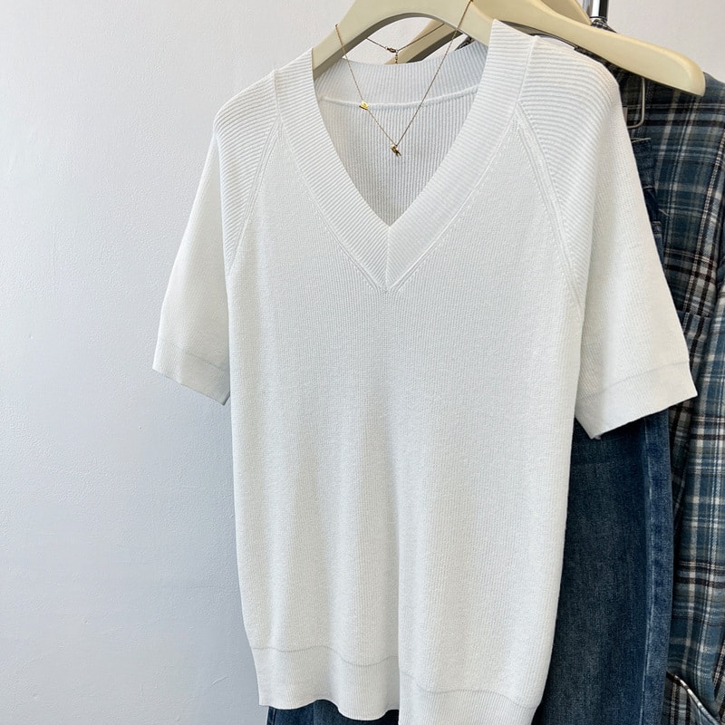 サマーニット Vネック トップス レディース 半袖 接触冷感 カットソー きれいめ 涼しい 春 夏 事務服 オフィス カジュアル ゆったり 蒸れない 薄手 プルオーバー 伸縮性 通気性 柔らかい 快適