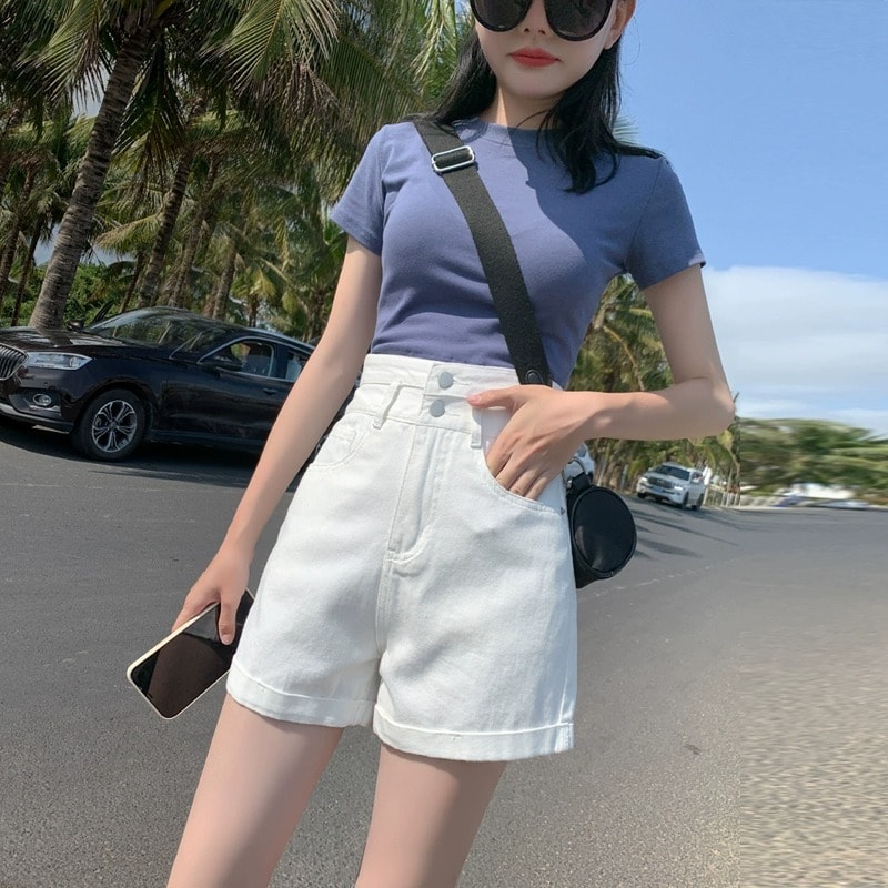 ショートパンツ レディース デニム ハーフパンツ ハイウエスト Aライン 短パン 着痩せ 大きいサイズ ロールアップ ジーパン 5分丈 ボトムス カジュアル 夏 半ズボン ゆったり きれいめ 綿 おし