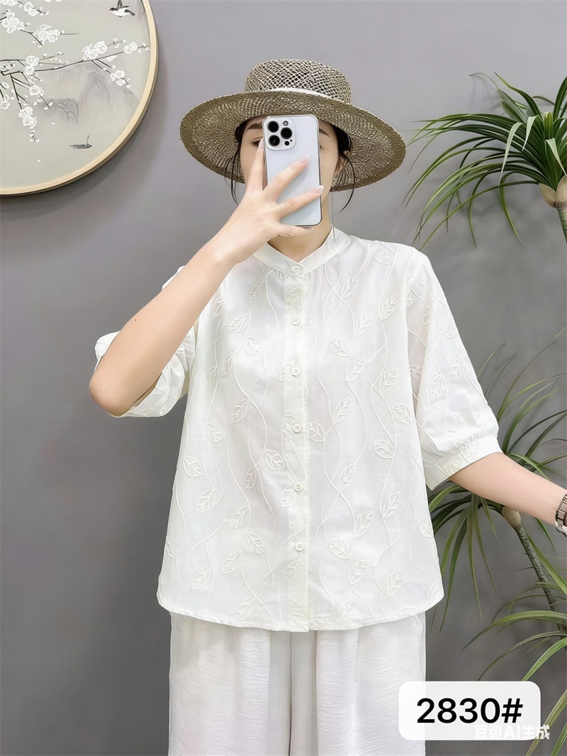 ブラウス レディース 半袖 立ち襟 刺繍 シャツ トップス 夏 綿麻 シルク混 ジャガード 涼しい ゆったり お洒落 きれいめ カジュアル 事務服 通勤 大きいサイズ 30代 40代 50代