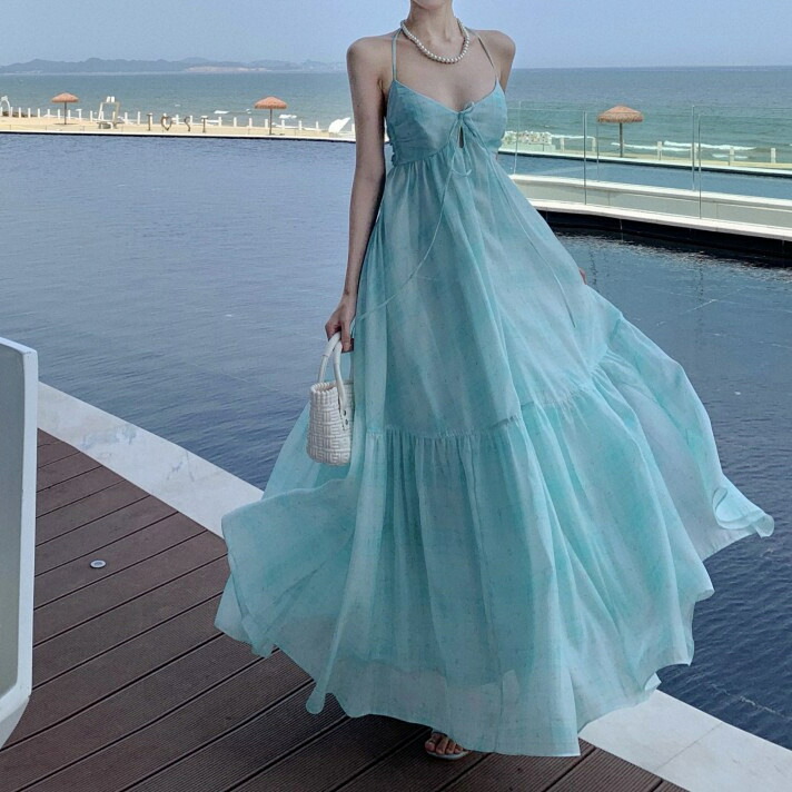 マキシワンピース レディース リゾート ロング ワンピース キャミソール シフォン ティアード 背中あき Ｖネック ふんわり Ａライン おしゃれ 海 旅行 夏 ミントグリーン