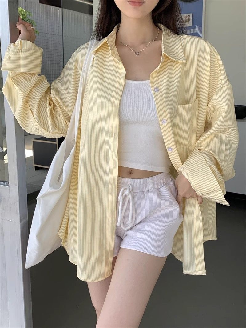 ストライプシャツ レディース ブラウス オーバーサイズ クリーンコーデ 長袖 春 夏 秋 襟付き ゆったり カジュアル 事務服 重ね着 羽織り 透け感 シアー 冷房対策 UVカット トップス シャツワ