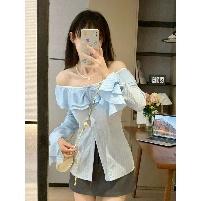 オフショルダー ブラウス レディース トップス フリル シャツ 長袖 きれいめ 大人可愛い 襟なし 柔らかい さらさら 着痩せ 通勤 通学 デート お出かけ 春 秋 カジュアル フェミニン シャーリン