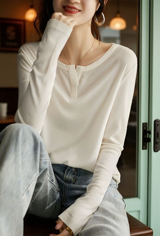 シルク カットソー レディース 長袖 キーネック Tシャツ 無地 薄手 トップス インナー 桑絹 柔らかい しっとり 肌触り 快適 通勤 オフィス カジュアル 重ね着 春 秋 シンプル 女性 婦人 ろ