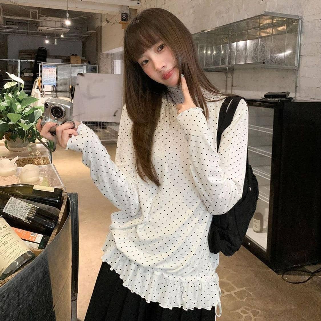 ハイネック タートルネック ドット柄 カットソー 透け感 長袖 Tシャツ フリル インナー ブラウス トップス レイヤード かわいい きれいめ フェミニン ガーリー カジュアル 春 秋 冬 重ね着 伸