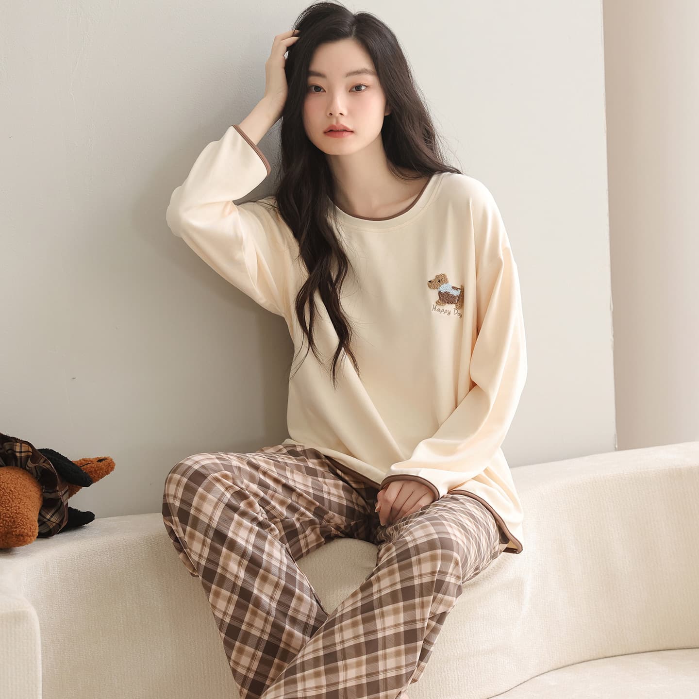 パジャマ レディース 上下セット 長袖 ルームウェア 部屋着 婦人服 ボーダー柄 ワンポイント ロングパンツ 綿混 柔らかい ゆったり 通気 カジュアル 春 秋 冬用 寝巻き 快適 贈り物 寝間着 セ