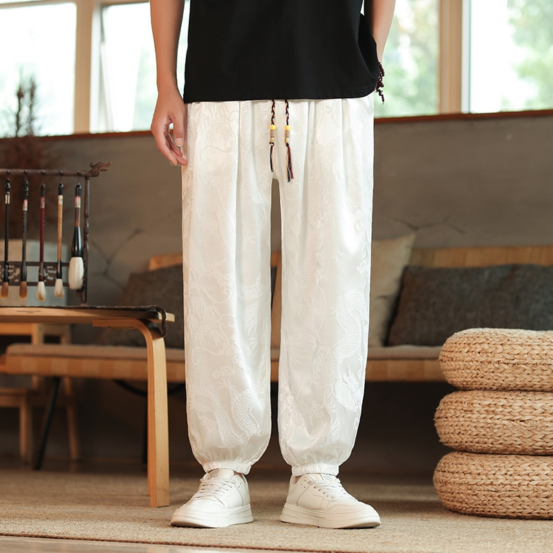 メンズ パンツ ワイドパンツ シルクタッチ 龍 鳳凰 オリエンタル エスニック サルエルパンツ 紐 引き紐 軽量 快適 履き心地 ゆったり セットアップ 部屋着 カジュアル ストリート ジャカード 総