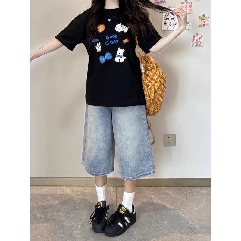 デニム ガウチョパンツ レディース ハイウエスト ワイドパンツ ゆったり ハーフパンツ 膝丈 ジーンズ ジーパン ウォッシュ加工 着痩せ カジュアル ボトムス 春 夏 美脚 体型カバー ストレートパン