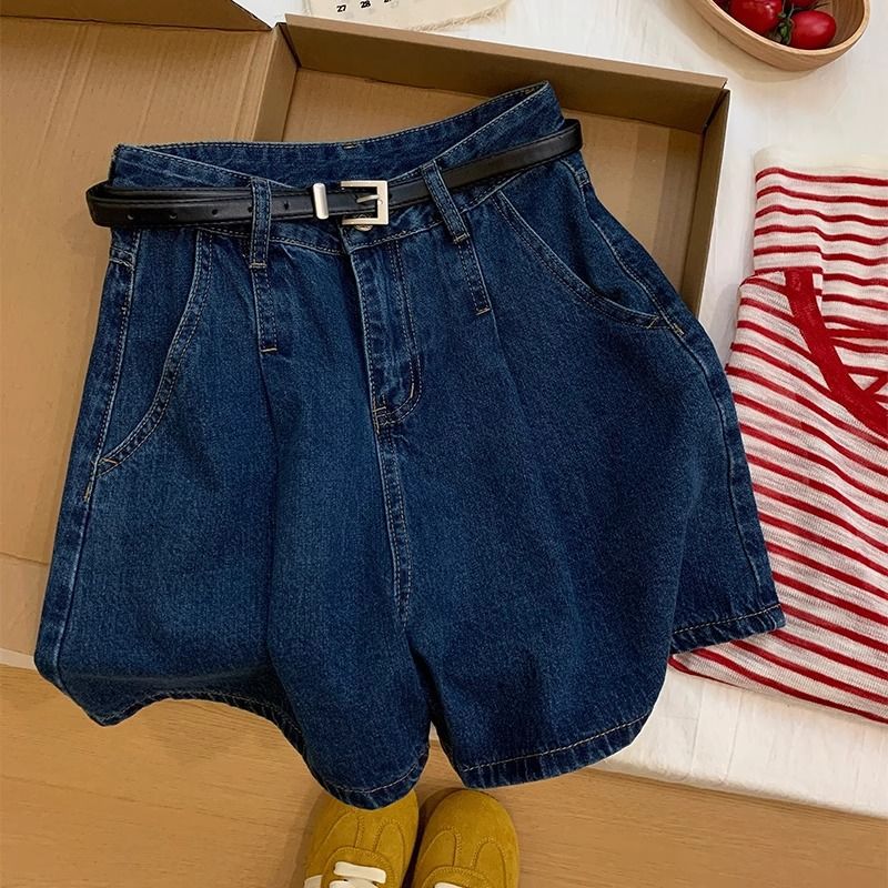 デニムショートパンツ レディース ハイウエスト Aライン ワイドシルエット ショート丈 ベルト付き 脚長効果 着痩せ カジュアル ボトムス 短パン ジーンズ ジーパン 裾広がり 春 夏