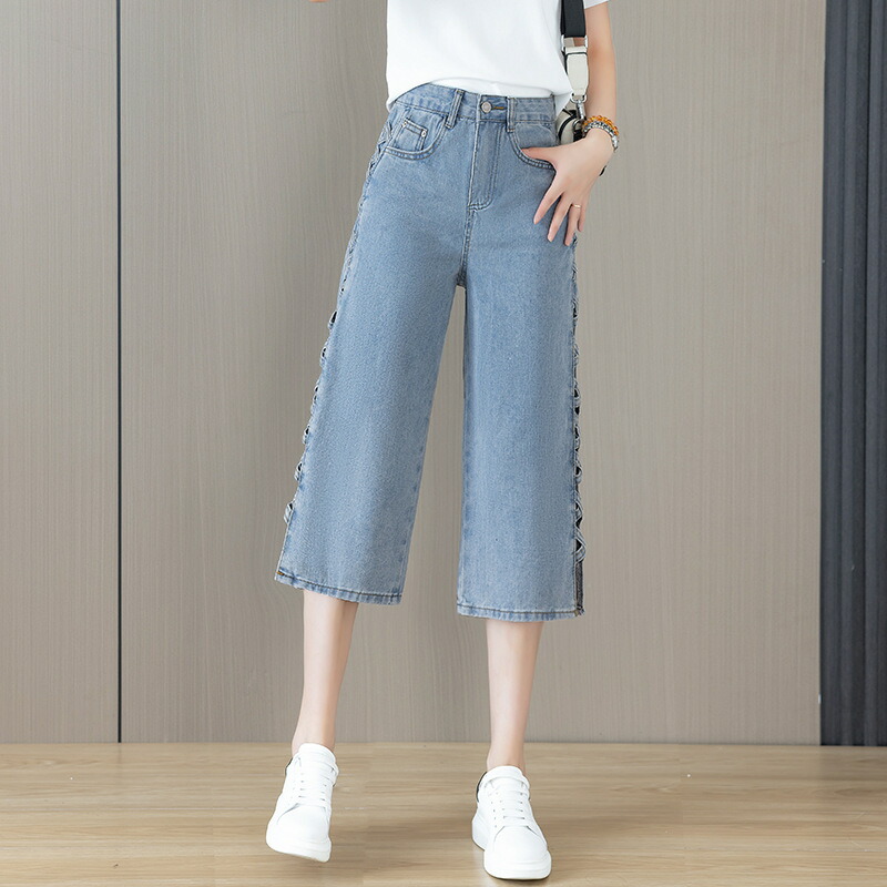 デニムパンツ レディース ジーンズ 七分丈 ハイウエスト サイド レースアップ 編み上げ ストレート カジュアル 春 夏 クロップドパンツ ジーパン ボトムス ズボン 美脚 通学 おしゃれ