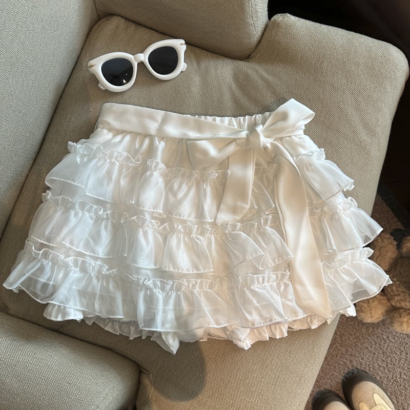 レディース キュロット ミニスカート フリル ティアード シフォン ショートパンツ リボン ウエストゴム ハイウエスト 透け感 ふんわり 大人可愛い 裏地付き 地雷系 森ガール 美脚 春 夏 秋 通学