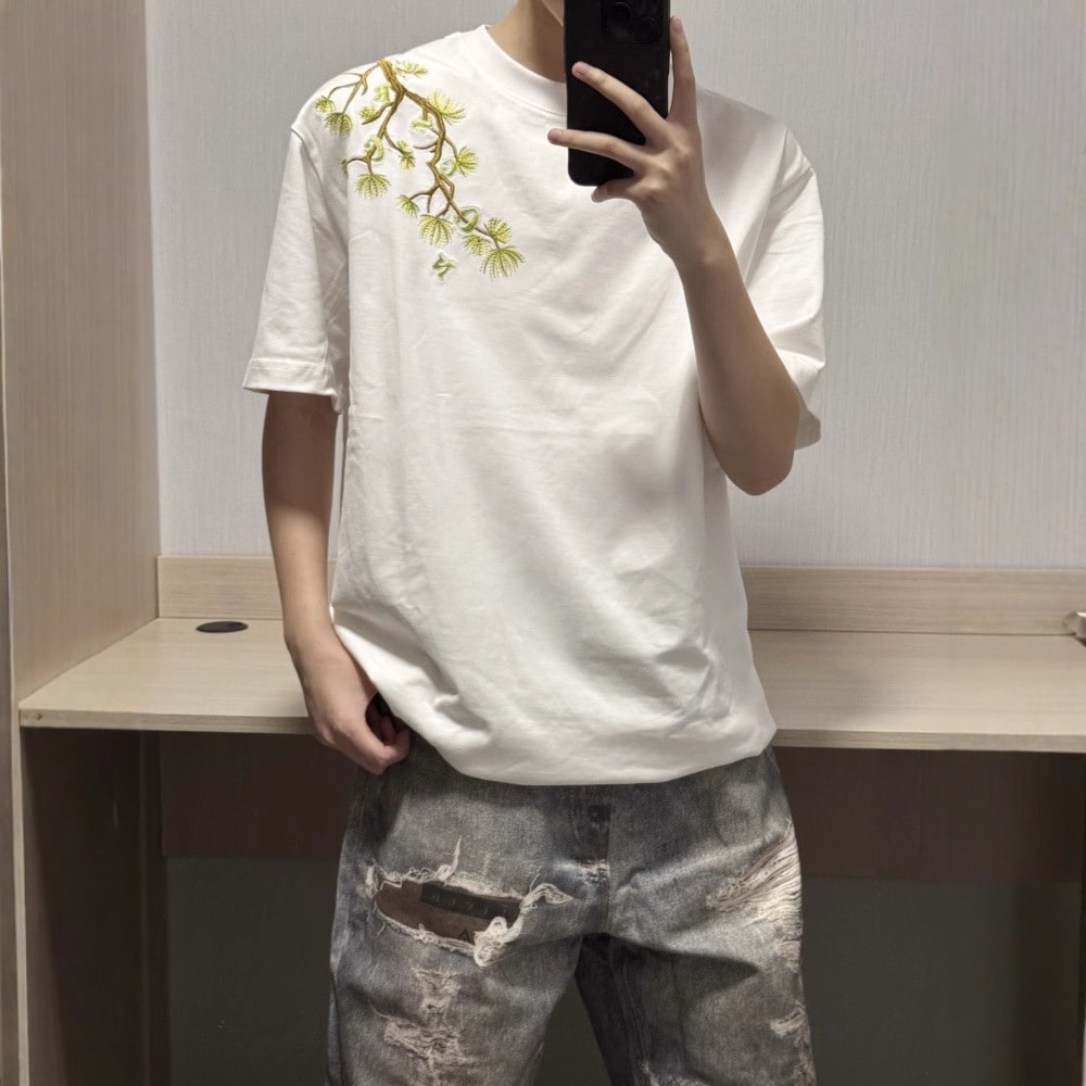 【和柄刺繍】Tシャツ 半袖 メンズ レディース ビッグシルエット 刺繍 松 植物 ボタニカル クルーネック カットソー トップス ティーシャツ オーバーサイズ ゆったり ドロップショルダー 丸首 綿 コットン 通気性 透けにくい 体型カバー 楽ちん 着痩せ ストリート系