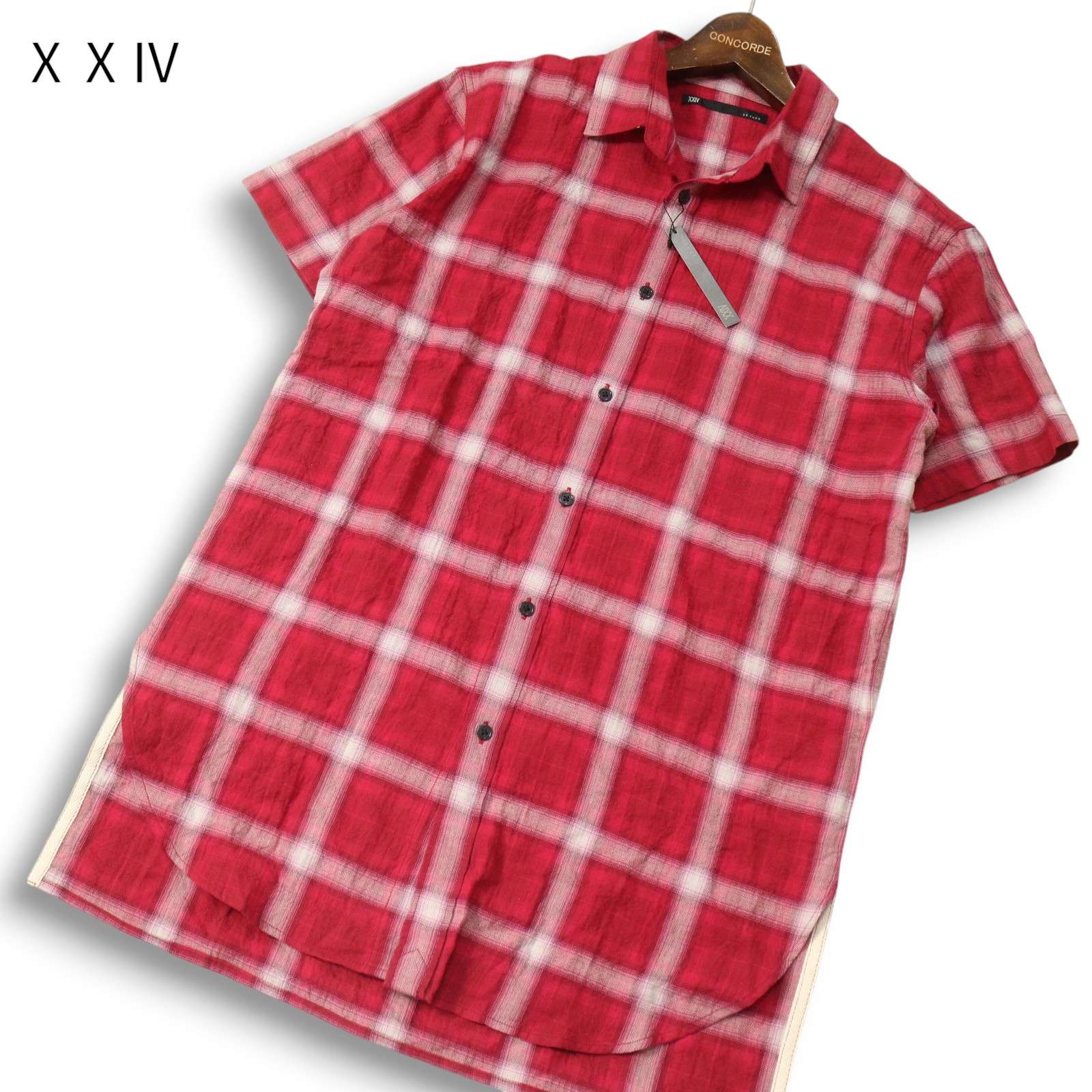 【新品 未使用】 XX FOUR ダブルエックスフォー 春夏★ 半袖 ロング オンブレー チェック シャツ Sz.L　メンズ 赤