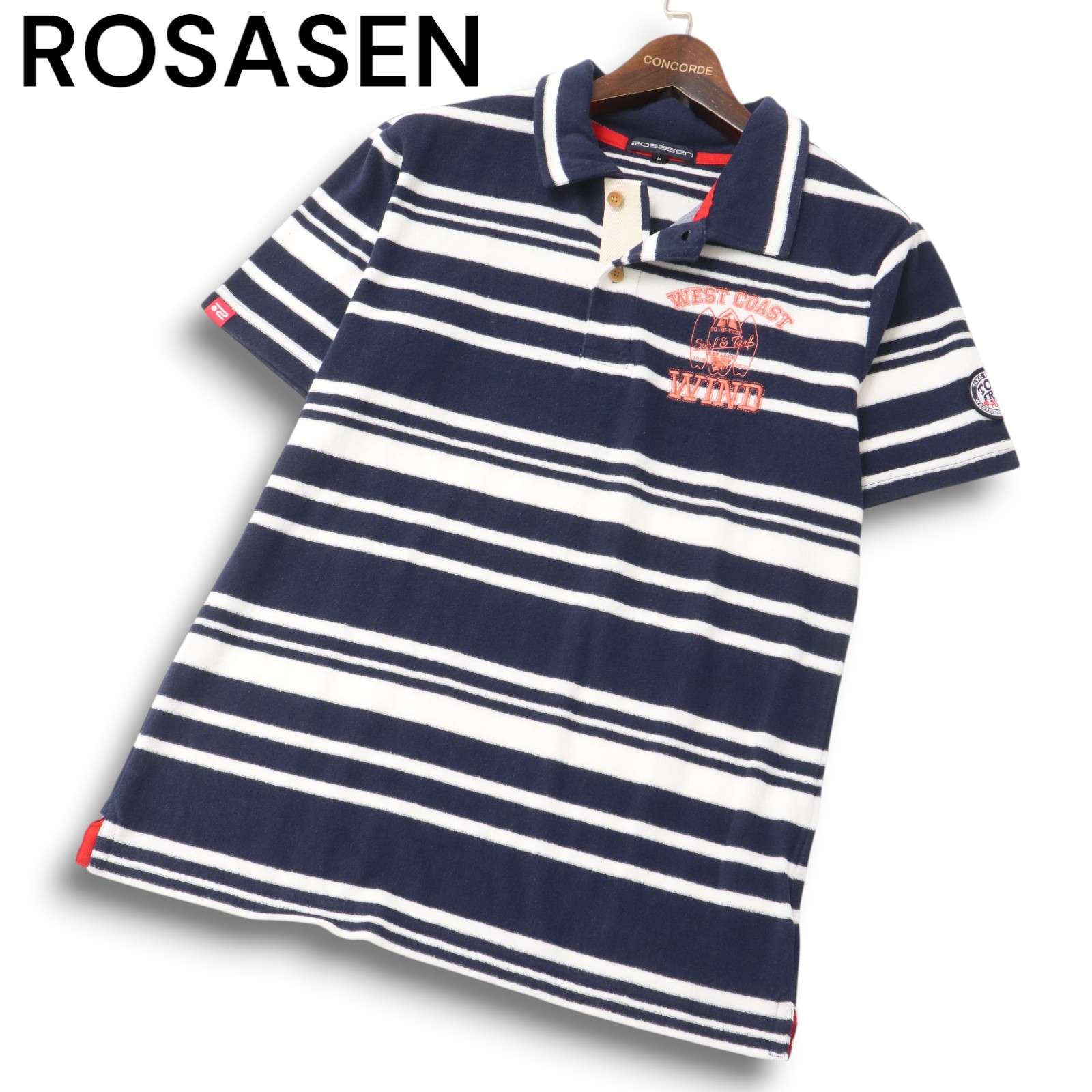 ROSASEN ロサーセン ゴルフ 春夏 刺繍★ ワッペン パイル生地 半袖 ボーダー ポロシャツ Sz.M メンズ 白 × ネイビー