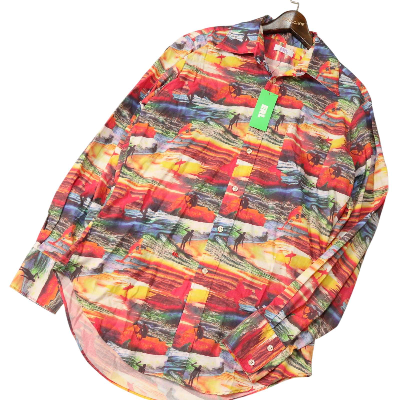 【新品 フランス製】 ERL イーアールエル 通年★ サーフィン グラフィック プリント総柄★ 長袖 シャツ Sz.L メンズ 未使用