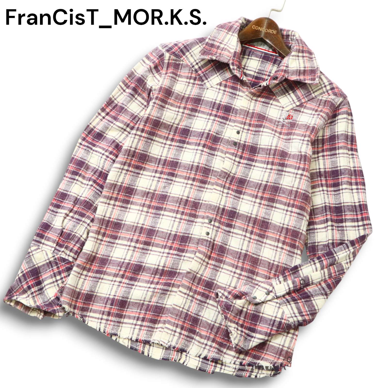FranCisT_MOR.K.S. フランシストモークス 秋冬 スカル スワロ★ 襟袖ワイヤー 長袖 チェック ネルシャツ Sz.2 メンズ 日本製