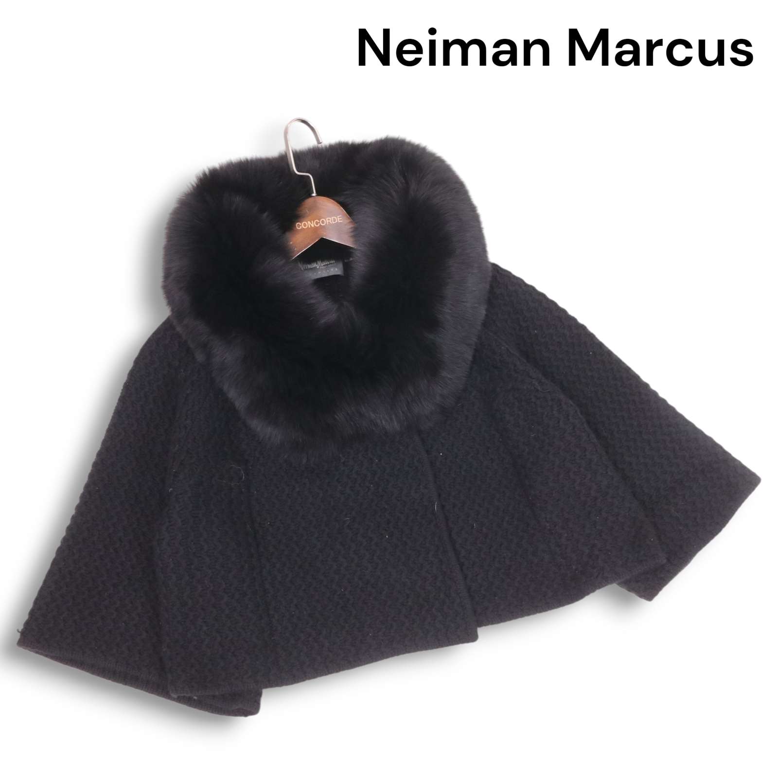 Neiman Marcus ニーマンマーカス 秋冬 フォックス ファー♪ カシミヤ100% ポンチョ風 ジャケット コート Sz.L レディース 黒｜コンコルドストア　店