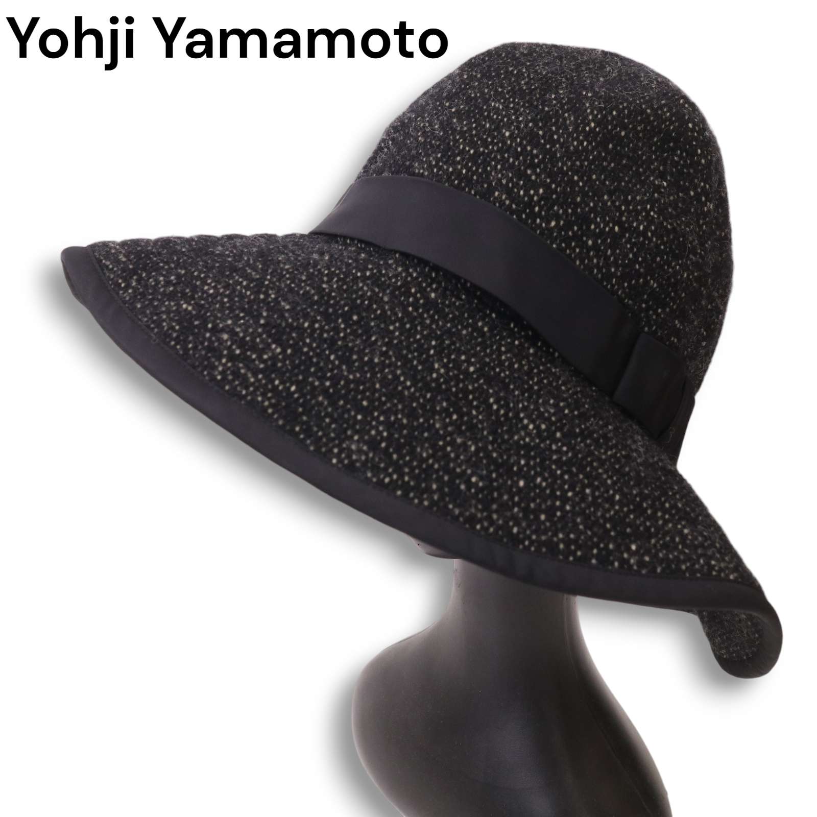 Yohji Yamamoto +NOIR ヨウジヤマモト プリュスノアール つば広 ウール ツイード フロッピー ハット Sz.F ユニセックス 黒｜コンコルドストア　店