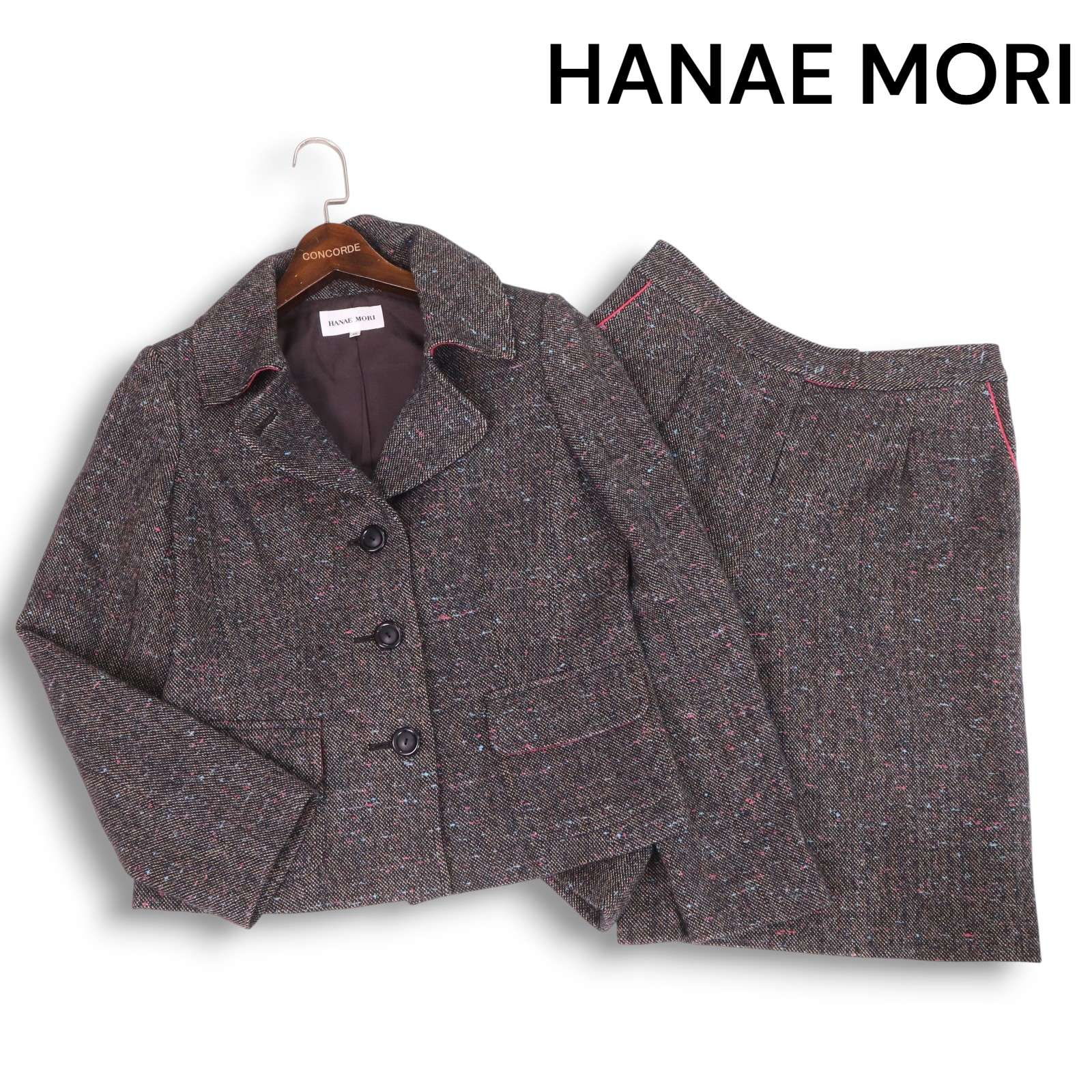 HANAE MORI ハナエモリ 秋冬 羊毛 ツィード★ ネップ セットアップ 上衣 さる股引き ズボン下 Sz.40 レディース