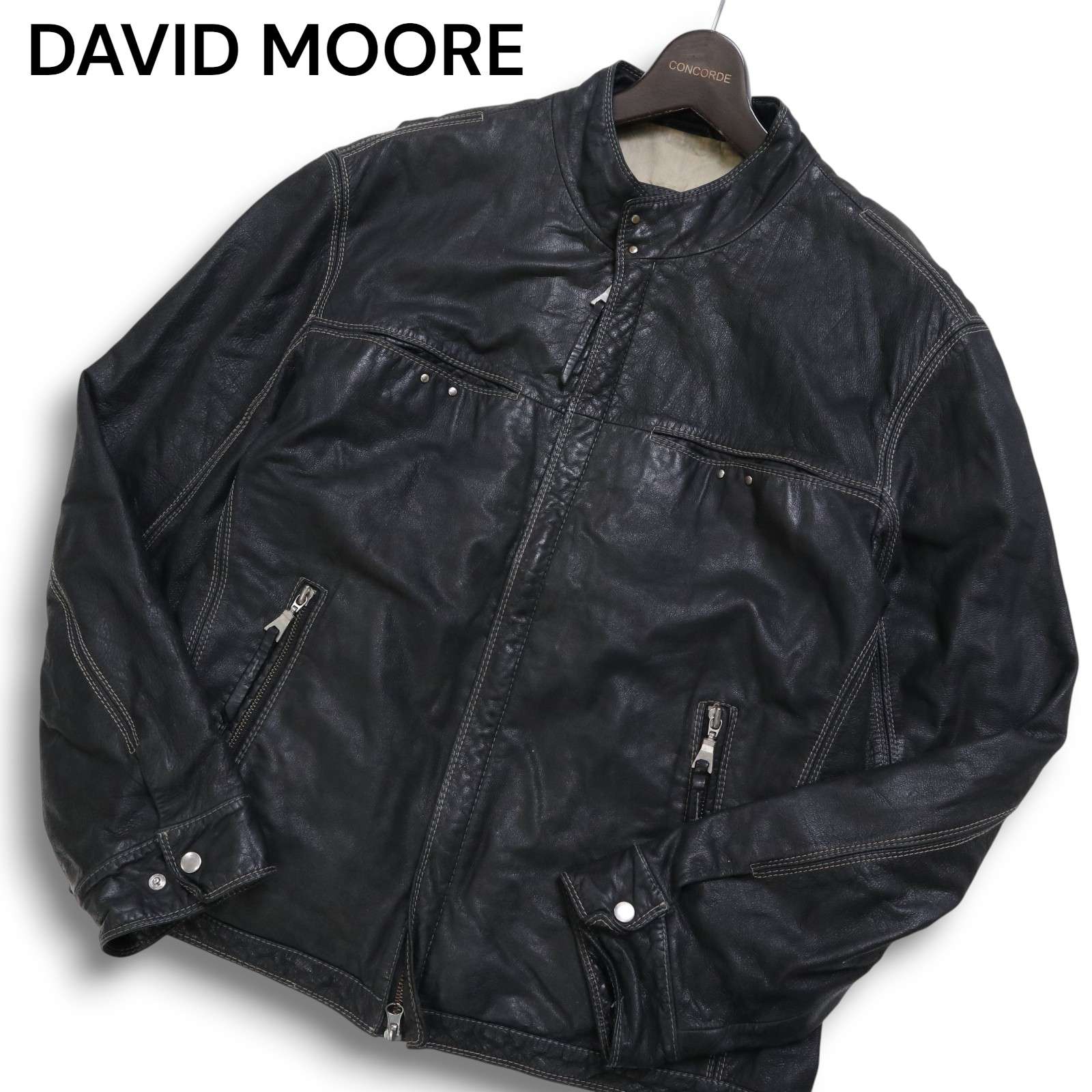 DAVID MOORE デイビッド・ムーア 秋冬 本革 本当の なめし革★ ライダース 上衣 上衣 Sz.50 メンズ 黒 馬鹿でかい大きさ