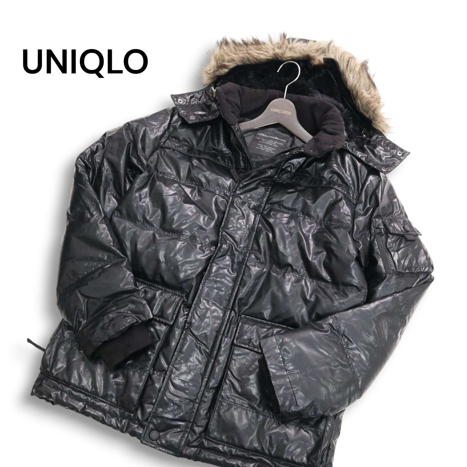 Y2K 00s★ old UNIQLO ユニクロ 秋冬 ファー★ 光沢 ダウン ジャケット ダウンコート Sz.M メンズ 黒|コンコルドストア 店