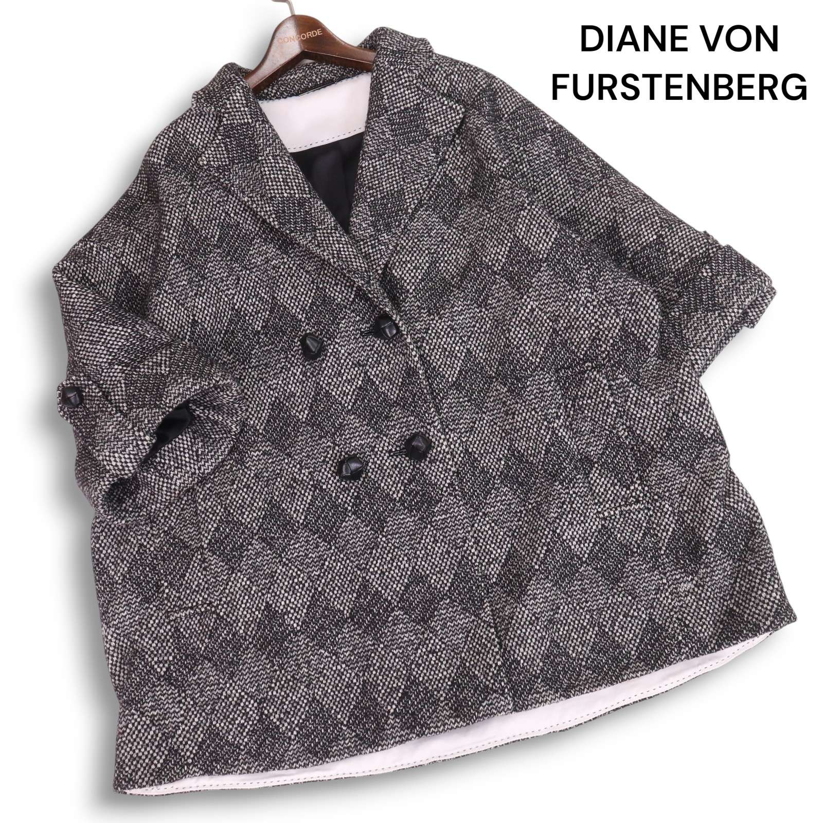DIANE VON FURSTENBERG ダイアン・フォン・ファステンバーグ ウール混 ツイード調 ダイヤ柄 ダブル コート Sz.S レディース