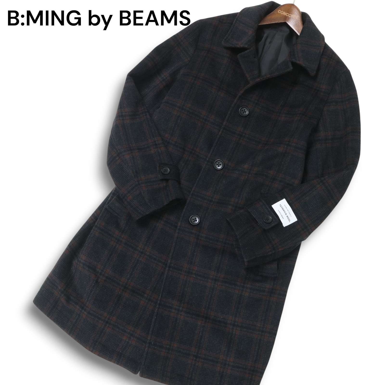 B:MING by BEAMS ビームス 秋冬 タスマニア ウール★ チェック柄 ステンカラー コート Sz.S メンズ