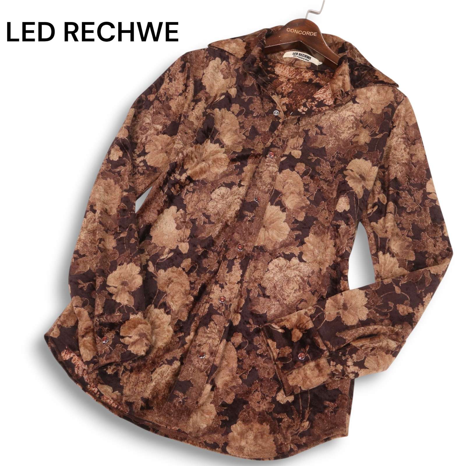 Y2K 00s★ LED RECHWE レッドリーチュエ 秋冬 花柄 フローラル総柄★ 長袖 ベロア シャツ Sz.S メンズ 日本製