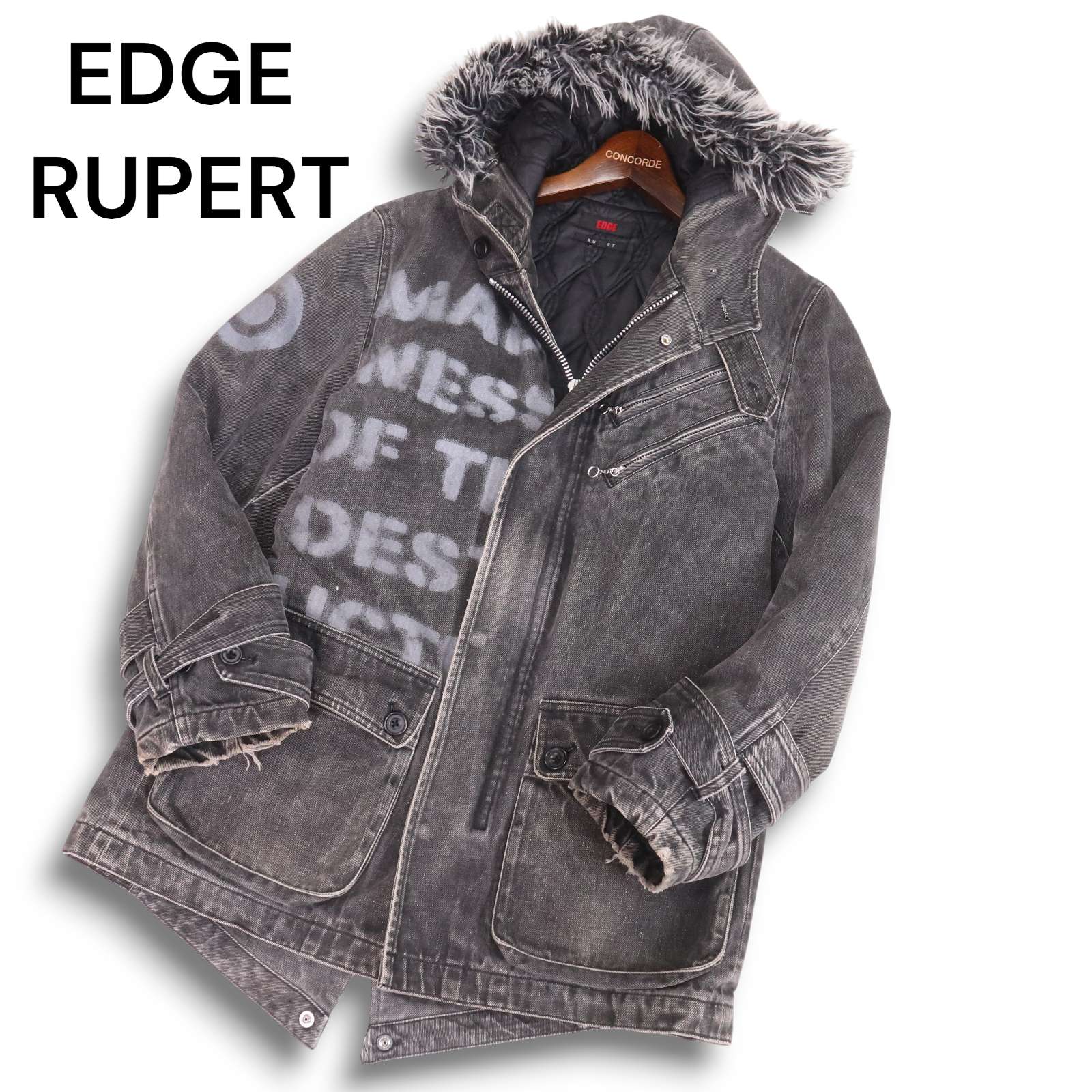 Y2K 00s archive★ EDGE RUPERT ルパート 秋冬 ファー★ ビンテージ加工 中綿 デニム モッズコート Sz.M　メンズ