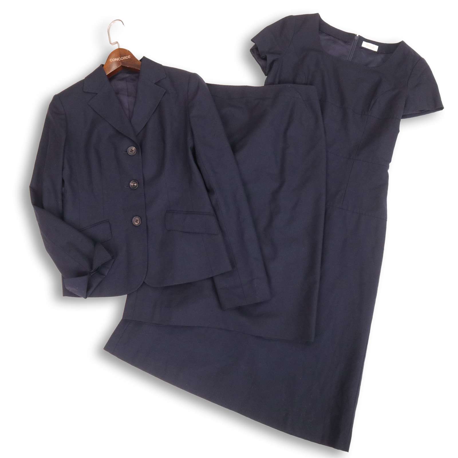 Harrods ハロッズ 通年★ ジャケット ワンピース スカート セットアップ 3点セット Sz.1 レディース 紺 ネイビー 日本製