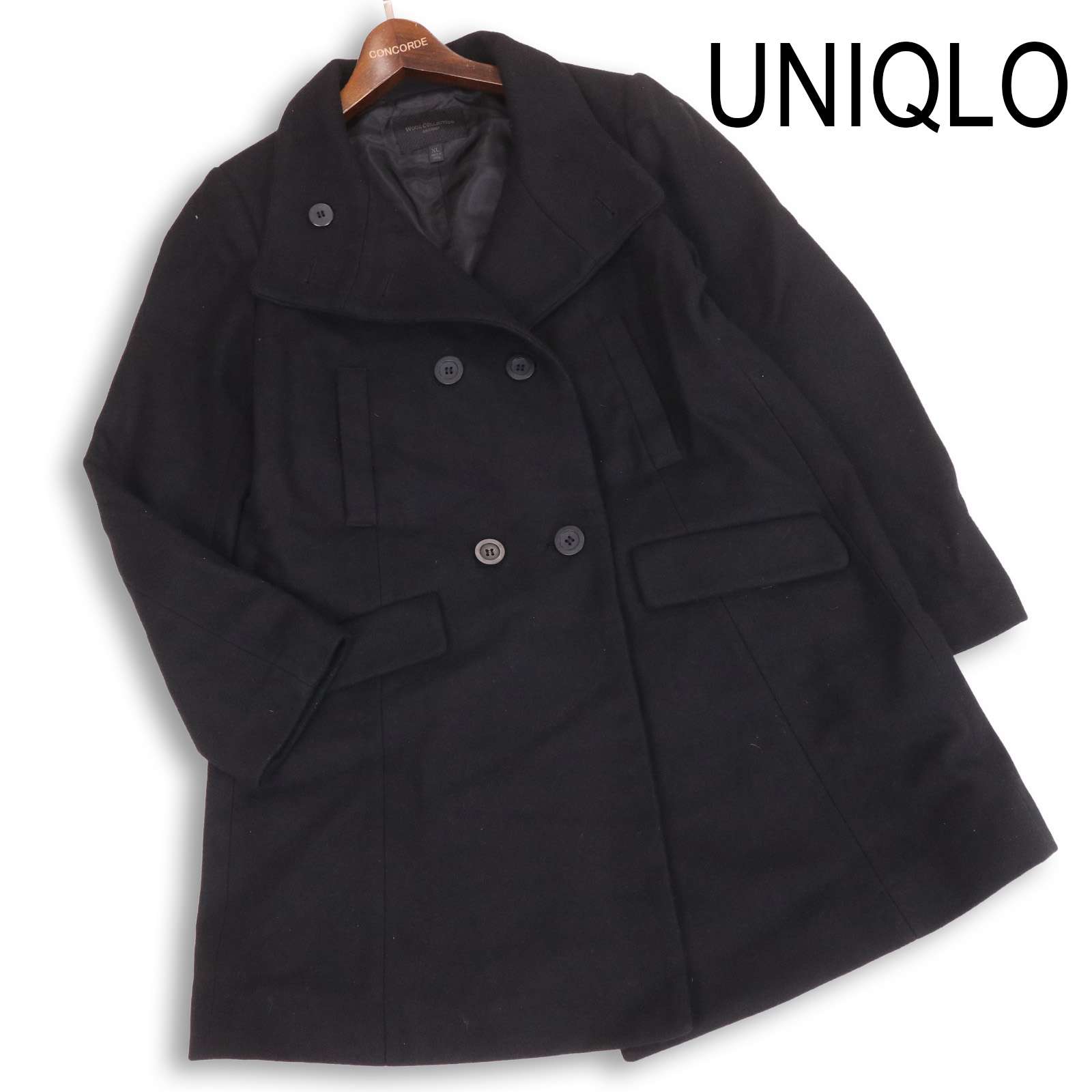 UNIQLO ユニクロ 秋冬 wool Collection★ スタンドカラー ウール ダブル コート Sz.XL　レディース 黒 大きいサイズ