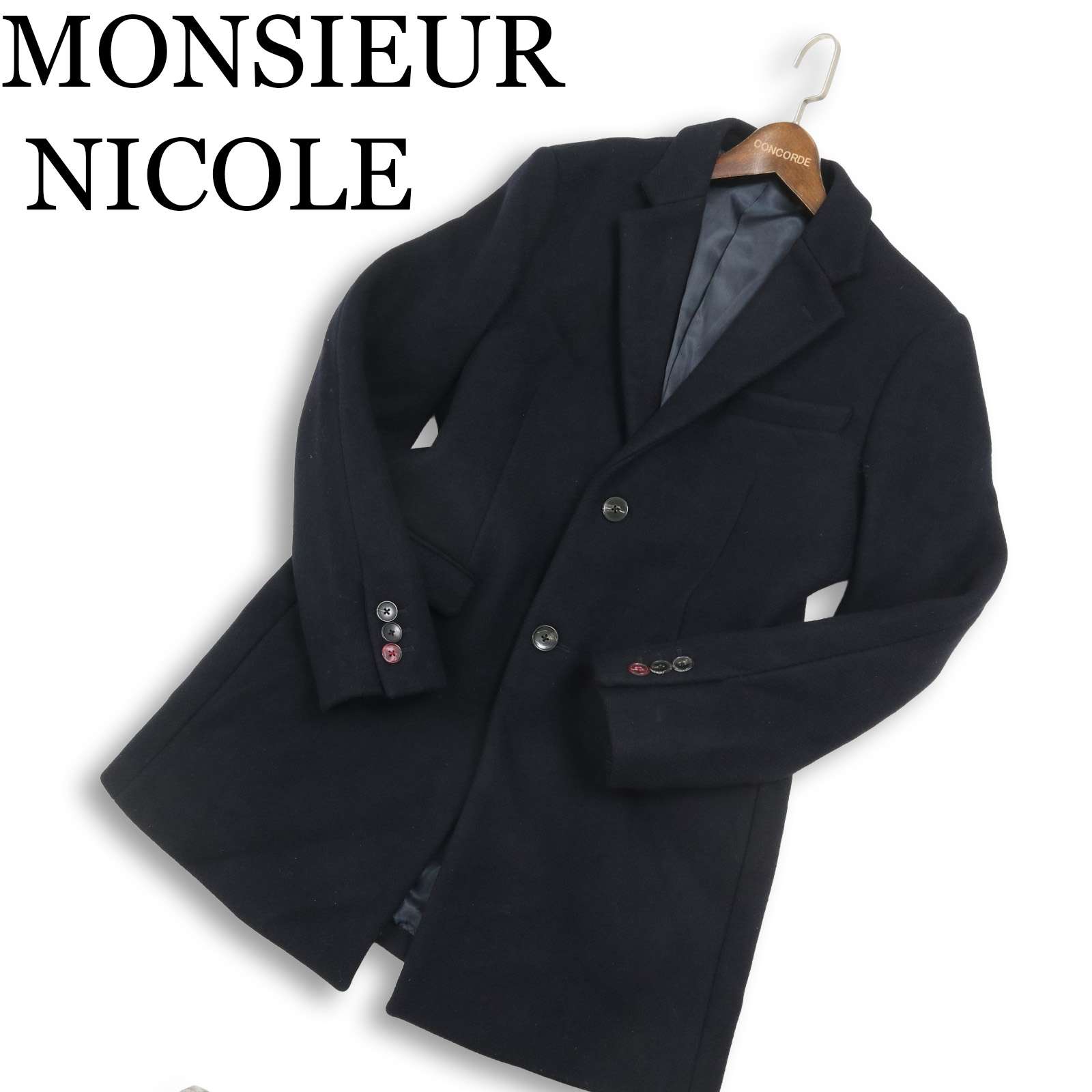 MONSIEUR NICOLE ムッシュ ニコル 秋冬 ウール100%★ スリム チェスター コート Sz.46　メンズ ネイビー