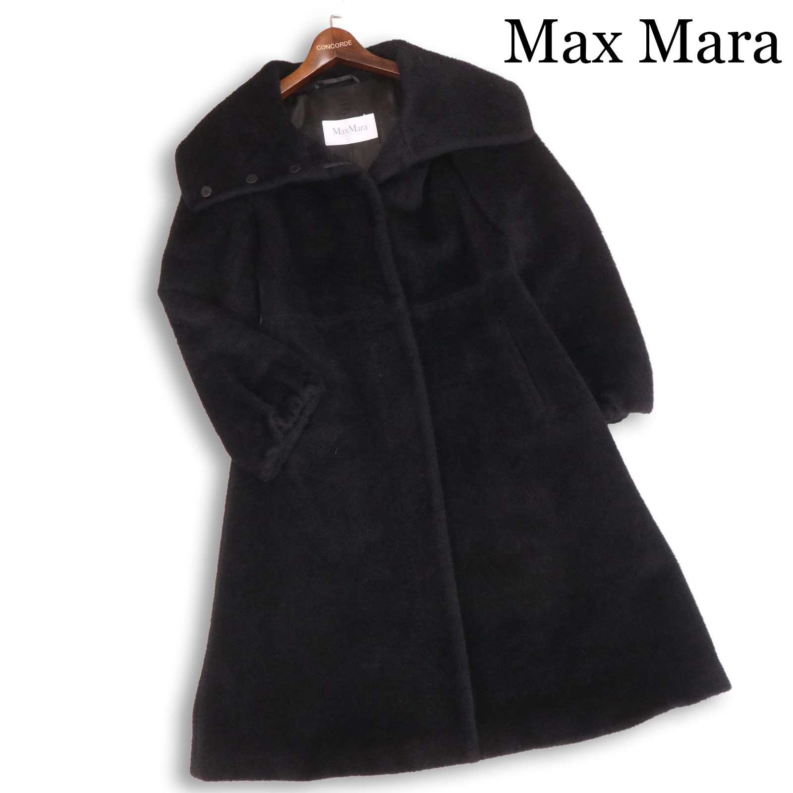 イタリア製★ MAX MARA マックスマーラ 白引き船♪ 秋冬 アルパカ シャギー ロング 厚地の外套 Sz.36 レディース 黒