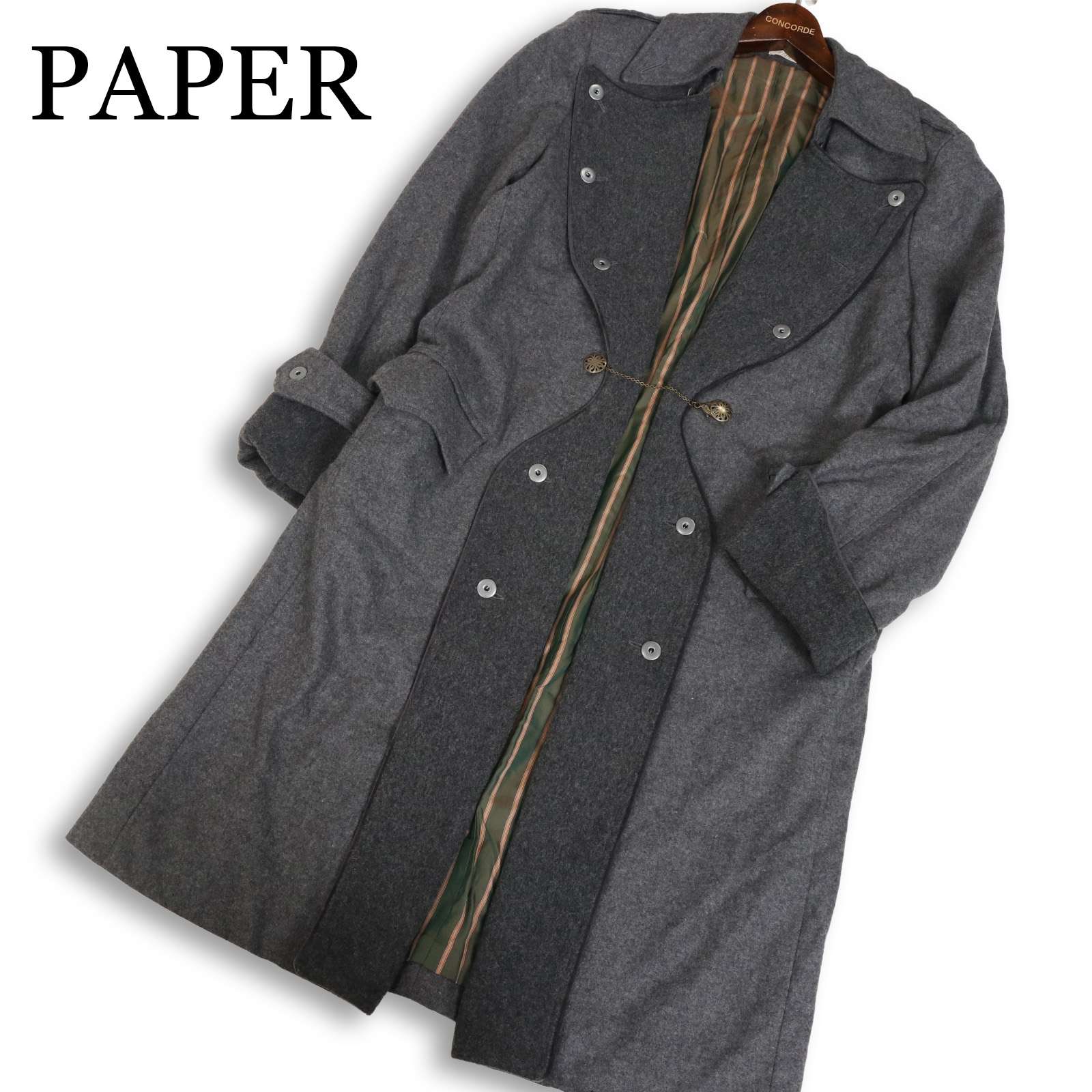 PAPER ペーパー 秋冬★ ウール デザイン ロング ミリタリー コート Sz.F メンズ グレー 日本製