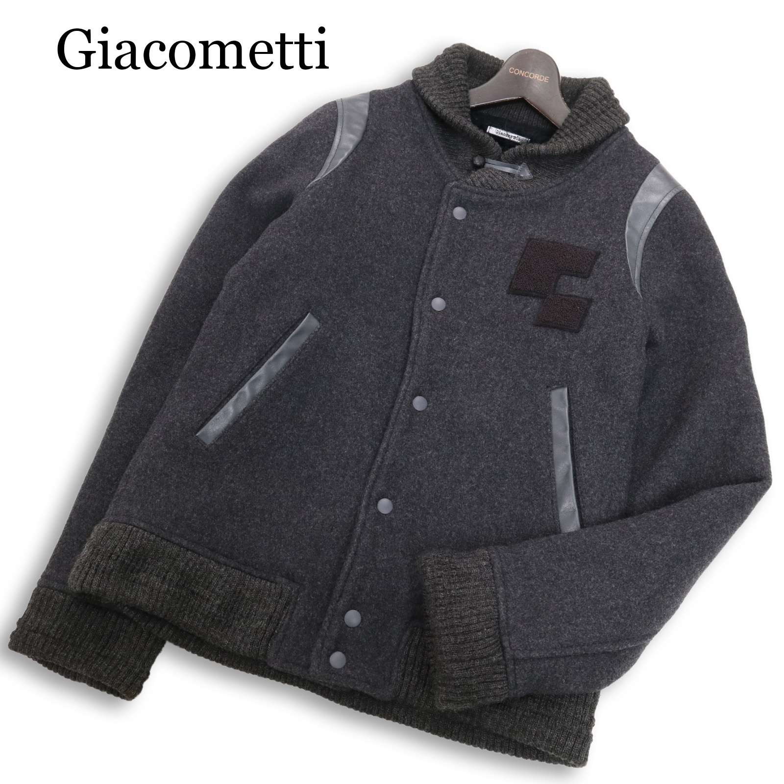 Giacometti. ジャコメッティ 秋冬 レザー切替★ 裏ボア メルトン ウール スタジャン ジャケット Sz.38　メンズ グレー