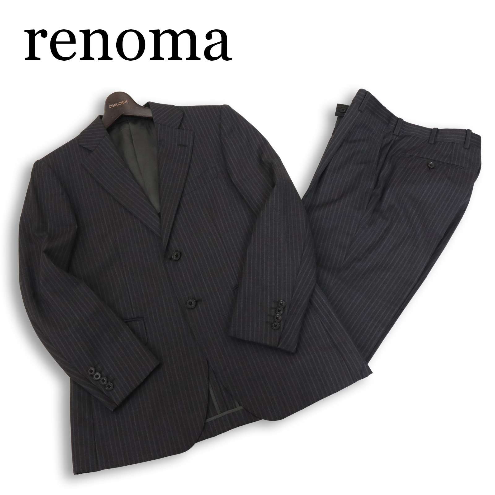 renoma PARIS レノマ 通年 背抜き★ ストライプ セットアップ スーツ Sz.90 A4 メンズ ビジネス グレー