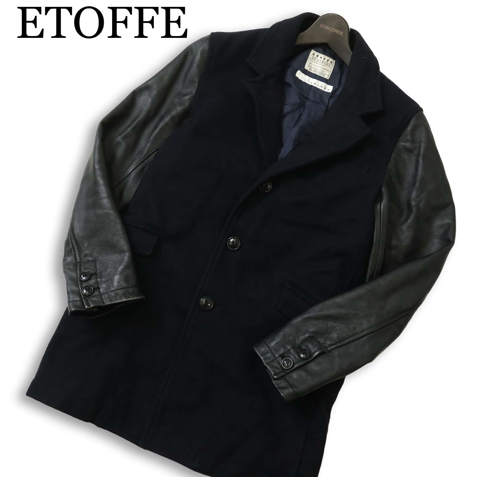 ETOFFE × m\u0027S SALUTE エトフ エムズサルート 袖革★ 牛皮 即物的 カウ なめし革 × 羊毛 チェスター 厚地の外套 Sz.46 メンズ
